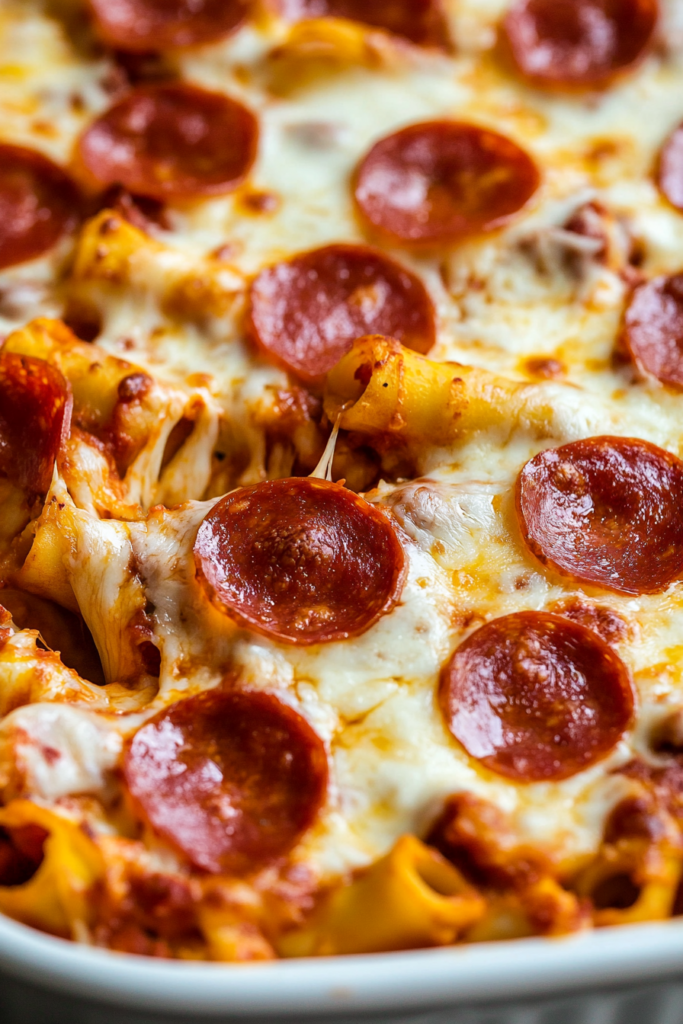 Close-up of gooey cheese pulling away from a serving of pasta bake, highlighting its pizza-inspired layers.