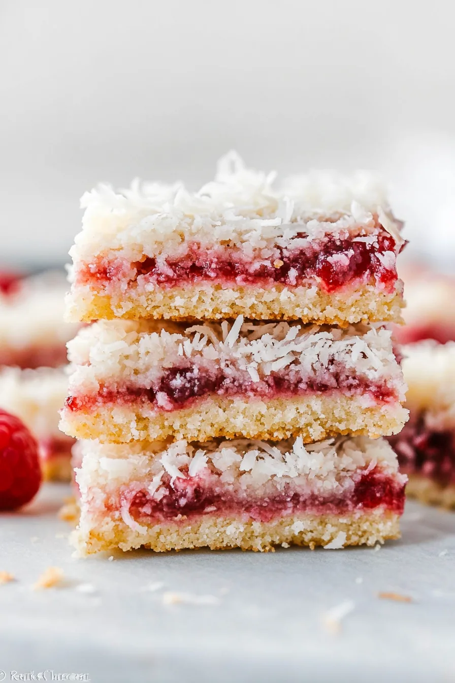 Stacked dessert bars with a golden base, vibrant raspberry filling, and toasted coconut topping.