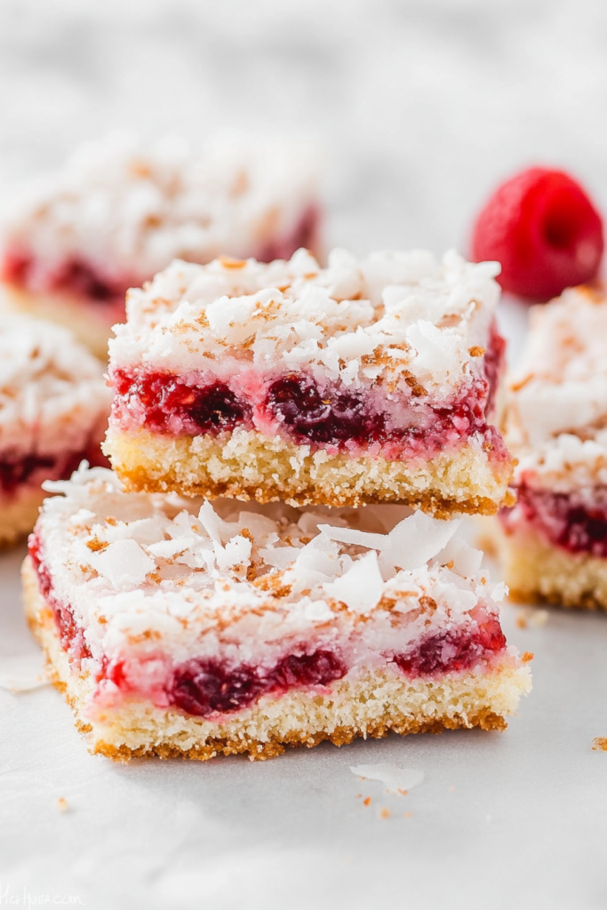 Freshly baked dessert bars with a vibrant raspberry layer and lightly toasted coconut surface.