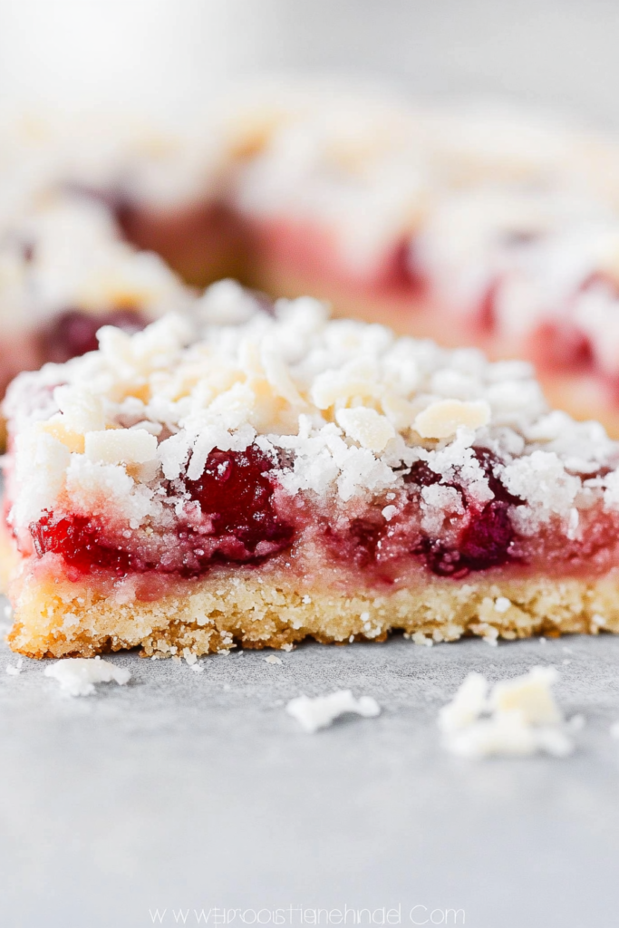 Close-up of a square slice showing the chewy coconut layer and rich jam center.