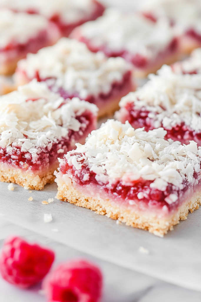Neatly cut bars arranged on a plate, highlighting the contrast of red filling and pale coconut.