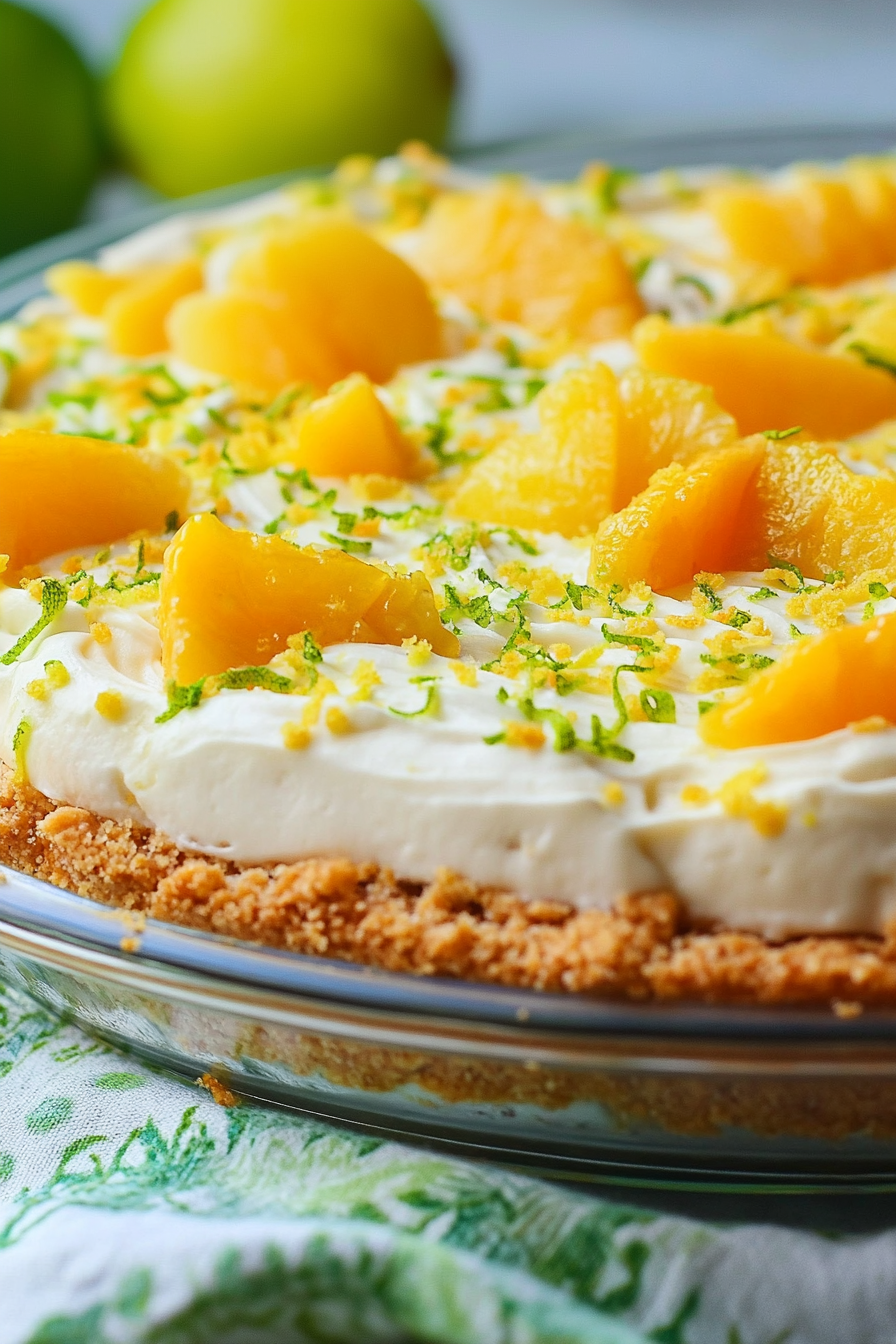 Close-up of a citrusy cream pie with mango chunks and lime zest garnish