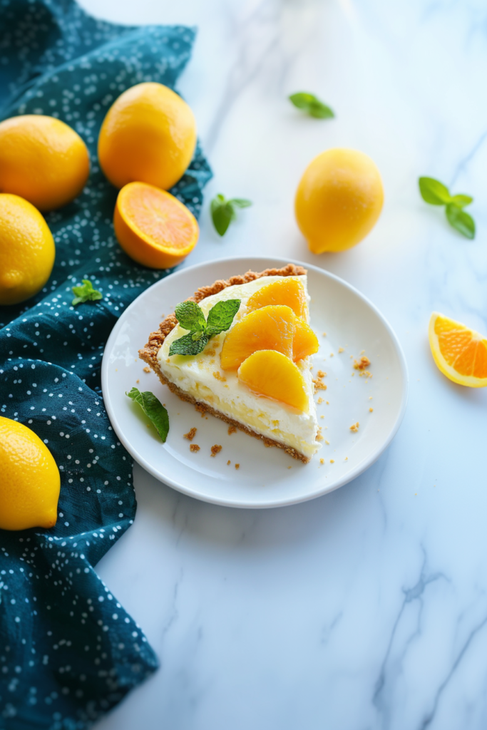 Creamy tropical fruit pie topped with whipped cream and fresh mango pieces