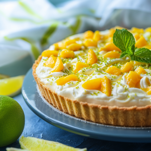 Refreshing tropical breeze pie served on a blue plate with lime wedges