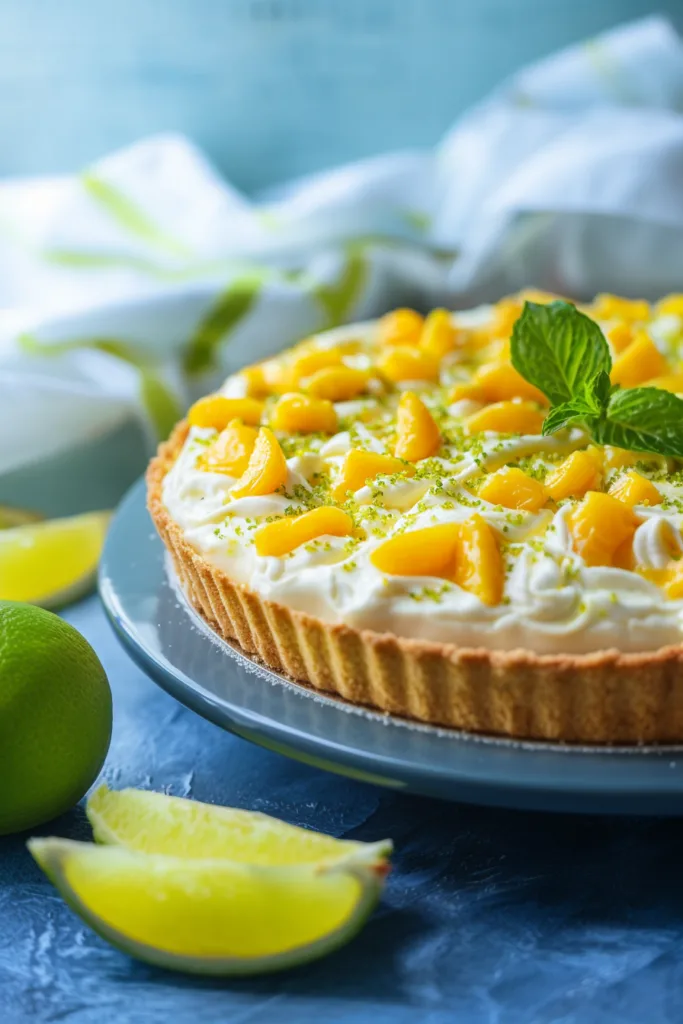 Refreshing tropical breeze pie served on a blue plate with lime wedges