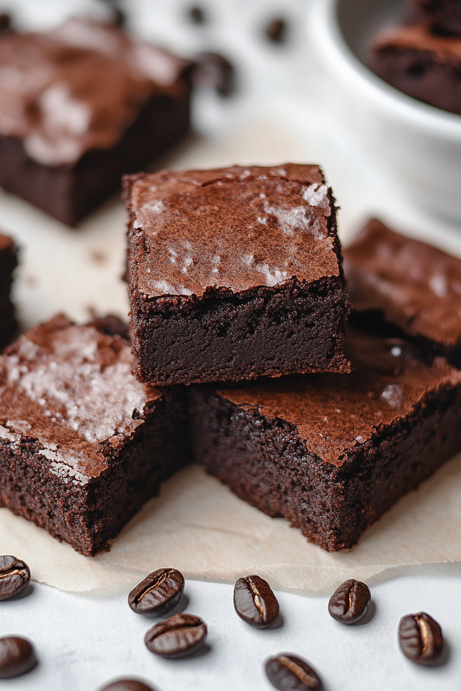 Freshly baked brownies with rich chocolate layers and glossy tops