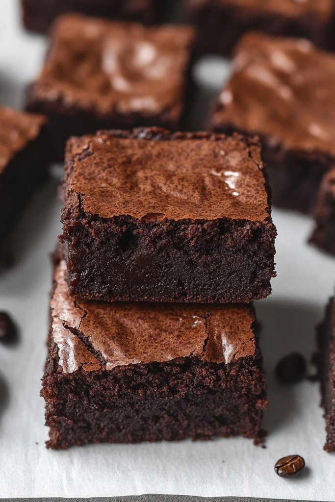 Close-up of moist chocolate brownies with deep cocoa color and soft centers