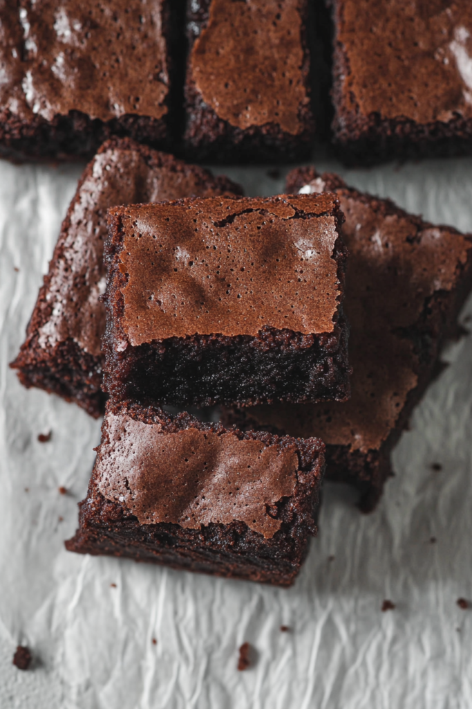 Fudgy chocolate brownies with a crackly top stacked on parchment paper