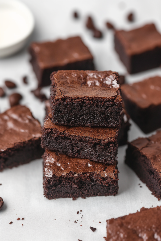 Stack of homemade brownies showing dense, gooey texture inside