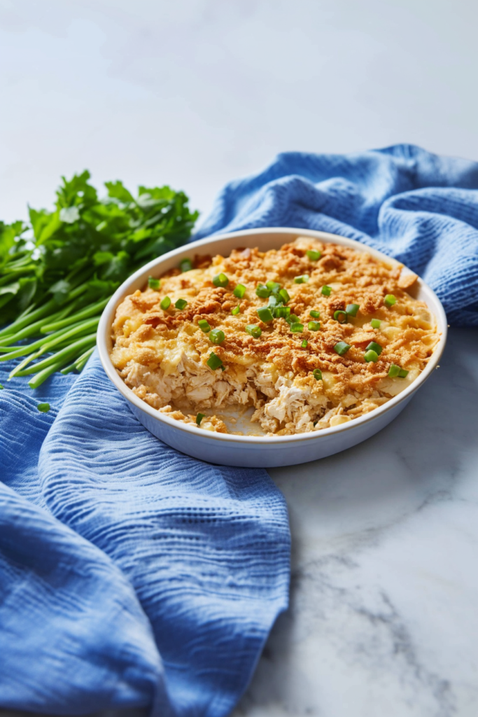 Creamy baked chicken casserole topped with crushed crackers and sliced green onions in a white dish.