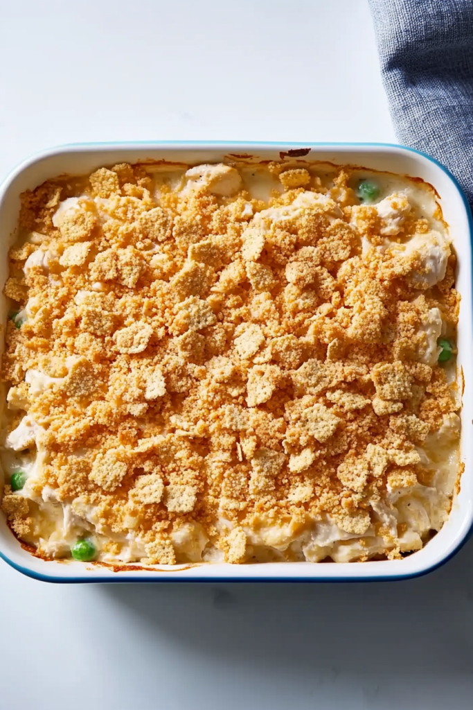 Overhead view of a baked chicken casserole with crunchy topping and fresh green onions.