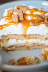 Close-up of the glossy caramel topping dripping over a chilled cake slice.