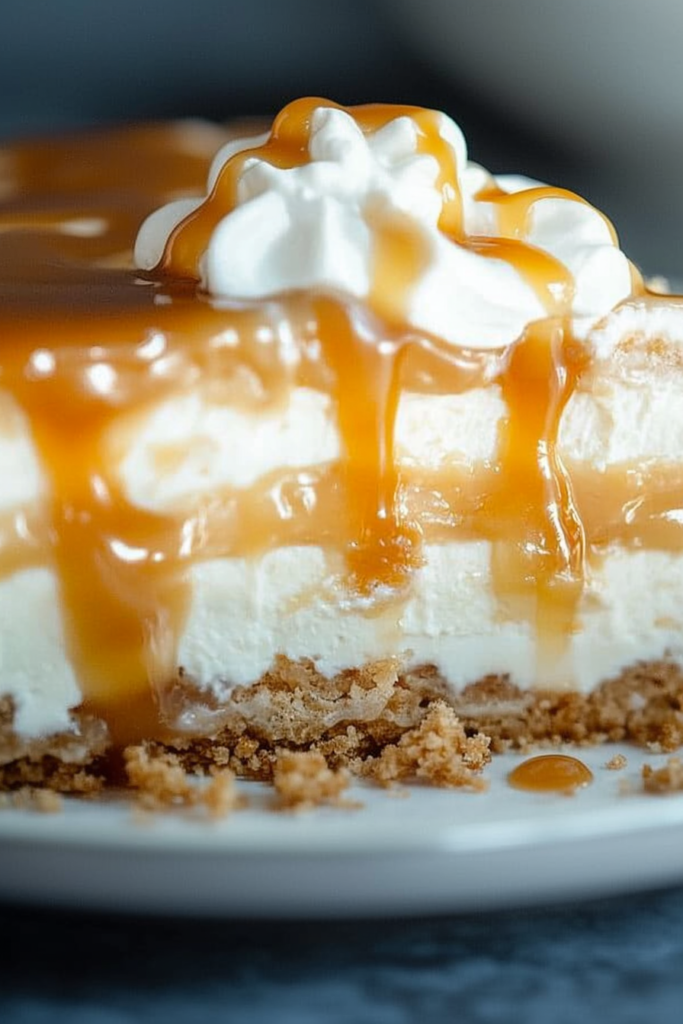 Final presentation of Ritz Cracker Salted Caramel Icebox Cake, styled with rustic cloth and scattered crumbs.