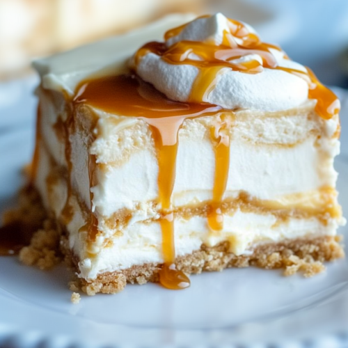 A plated wedge showing the contrast between crunchy cracker layers and smooth caramel cream.