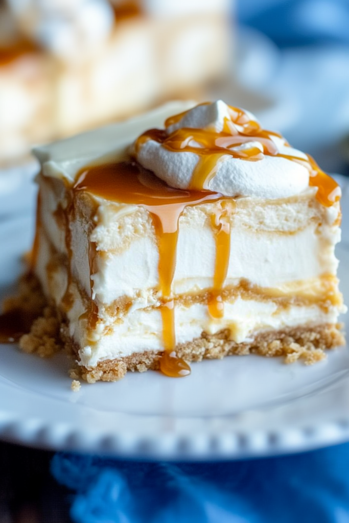 A plated wedge showing the contrast between crunchy cracker layers and smooth caramel cream.