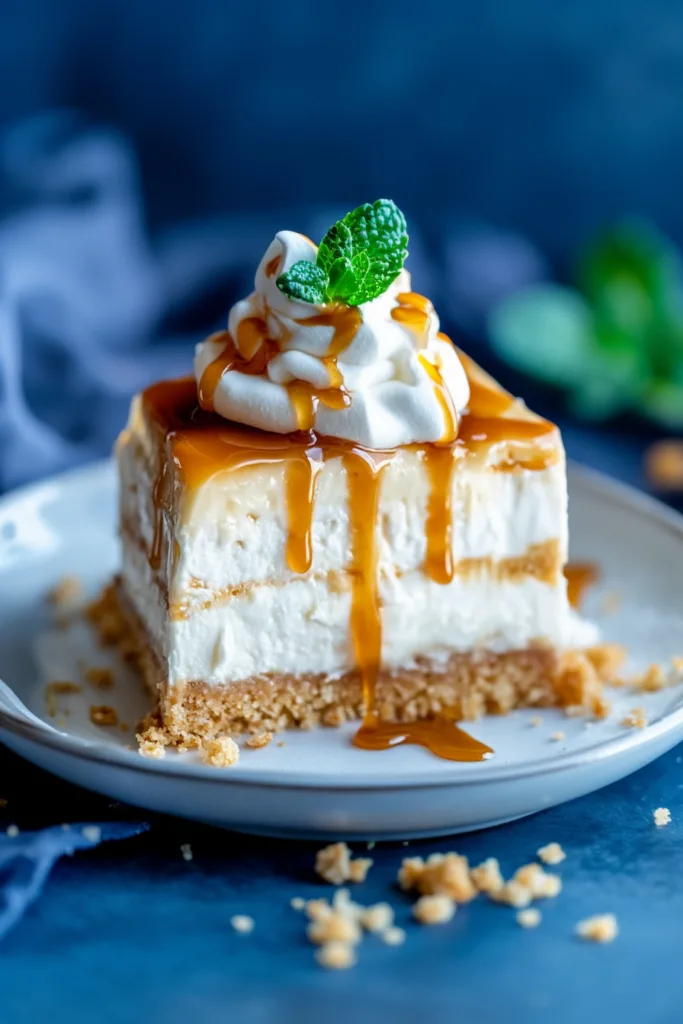 A layered dessert with golden crackers, creamy filling, and caramel drizzle cascading down the sides.