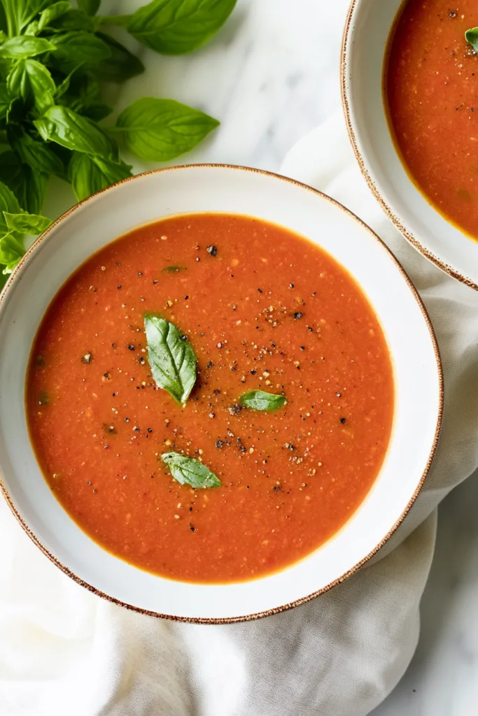 Creamy roasted tomato soup served in a bowl with fresh basil leaves and a drizzle of olive oil