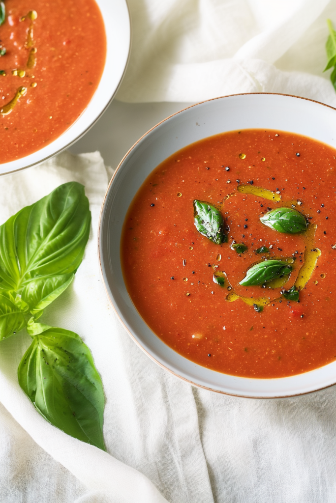 omemade tomato soup with fresh basil on top, photographed in natural light