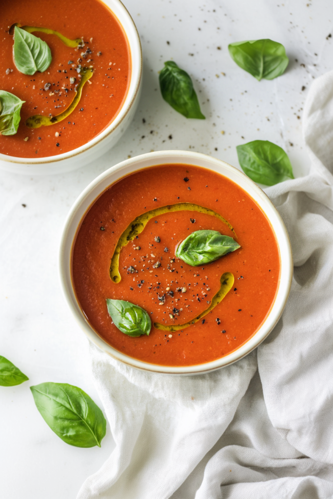 Rich red tomato soup finished with basil leaves and olive oil in a ceramic bowl
