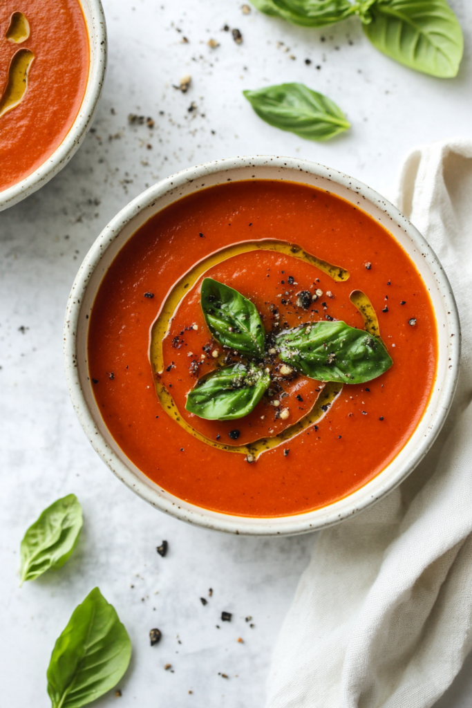 Comforting bowl of tomato basil soup with simple garnish, perfect for a cozy meal