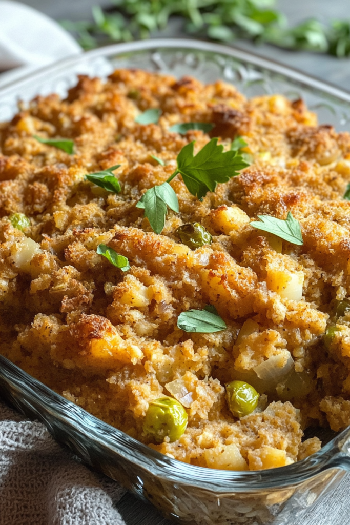 Textured oat-based stuffing sprinkled with fresh herbs