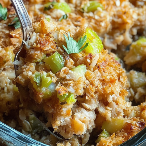 Hearty spoonful of savory stuffing featuring oats and chopped celery