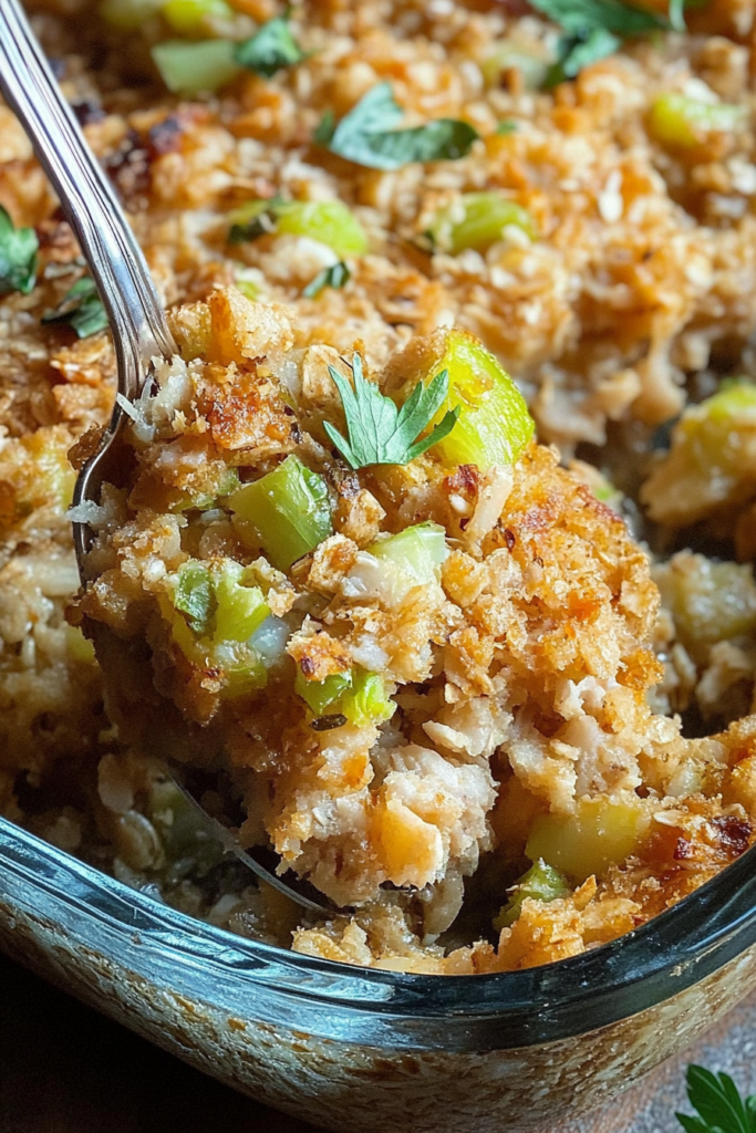 Hearty spoonful of savory stuffing featuring oats and chopped celery