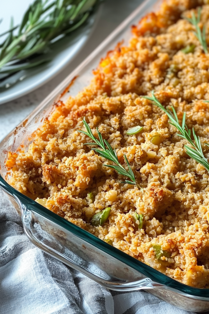 Baked oat and vegetable stuffing with crisp topping in a glass dish