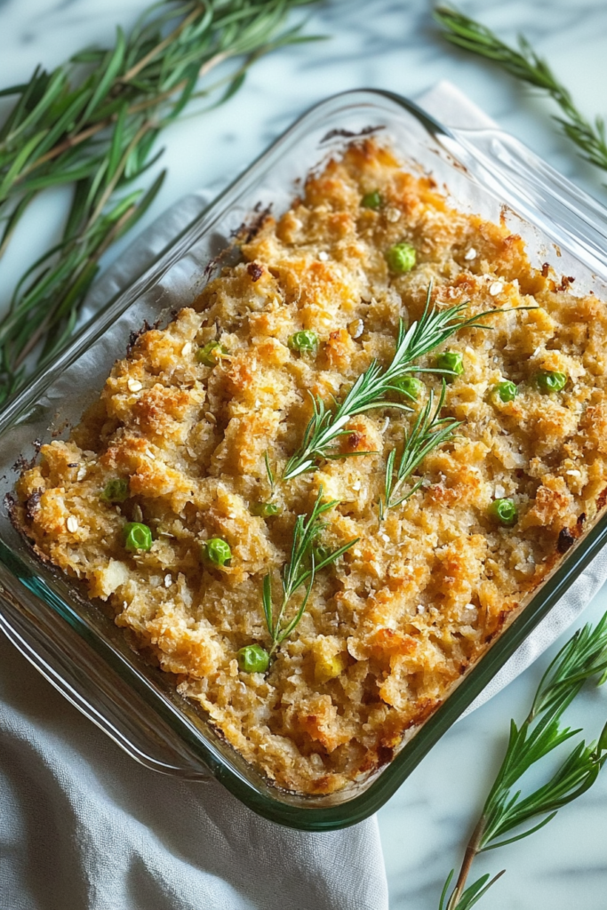 Baking dish of rustic stuffing with browned, crispy edges and tender vegetables