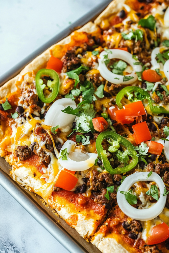 Overhead view of a golden pizza loaded with savory meat, cheese, and fresh sliced vegetables.
