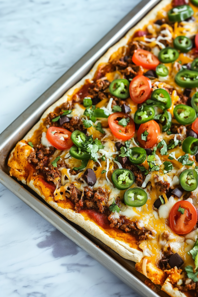 Freshly baked pizza on a sheet pan with melted cheese, tomatoes, jalapeรฑos, and cilantro.