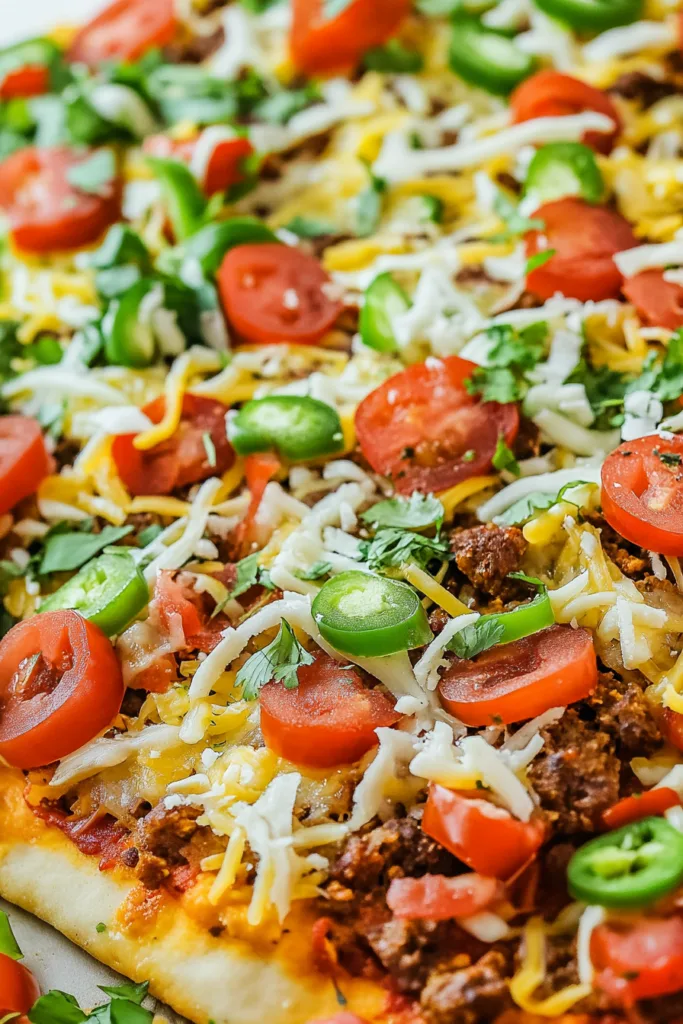 Close-up of a fully baked pizza covered with taco-style toppings and fresh herbs.