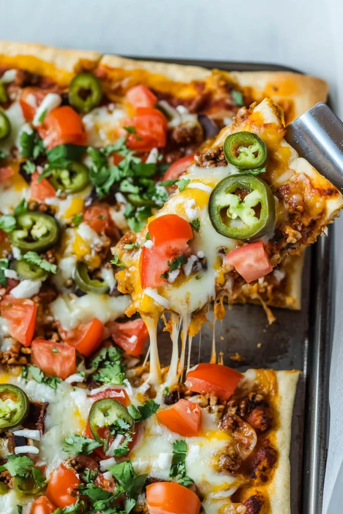 Baked pizza topped with seasoned ground meat, melted cheese, sliced jalapeรฑos, and fresh tomatoes.
