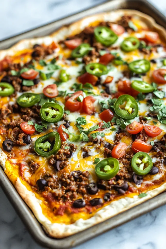 Crispy baked crust layered with spiced meat, shredded cheese, and colorful vegetable toppings.