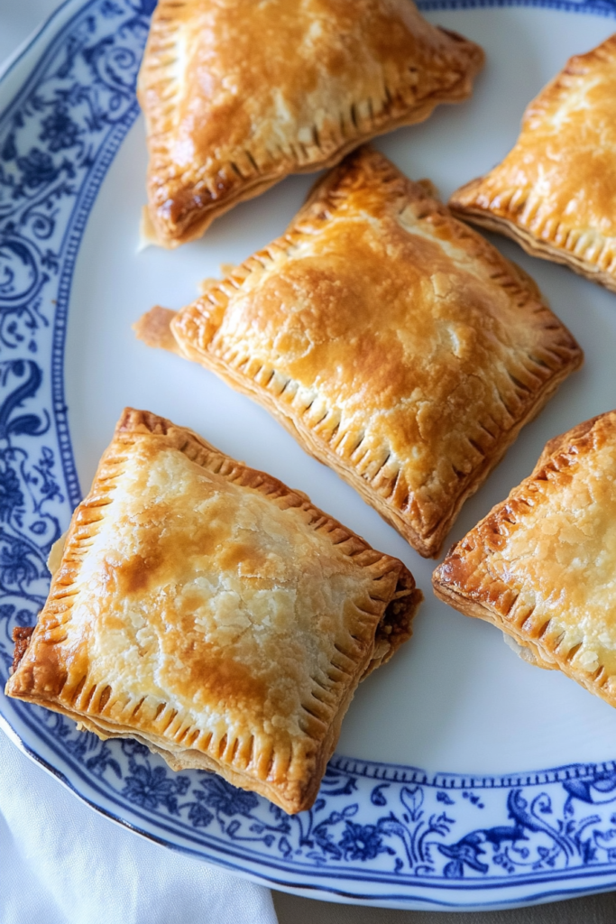 Freshly baked handheld savory pies stacked to reveal tender filling and buttery crust.