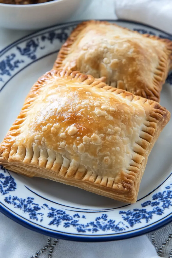 Close-up of a triangle pastry filled with creamy beef and vegetables on a serving plate.