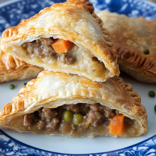 Warm meat-and-vegetable hand pies with crisp pastry shells cut open to show the filling.