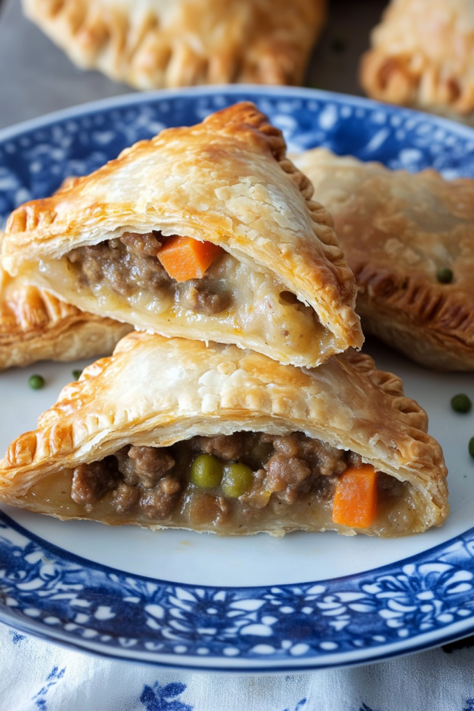 Warm meat-and-vegetable hand pies with crisp pastry shells cut open to show the filling.