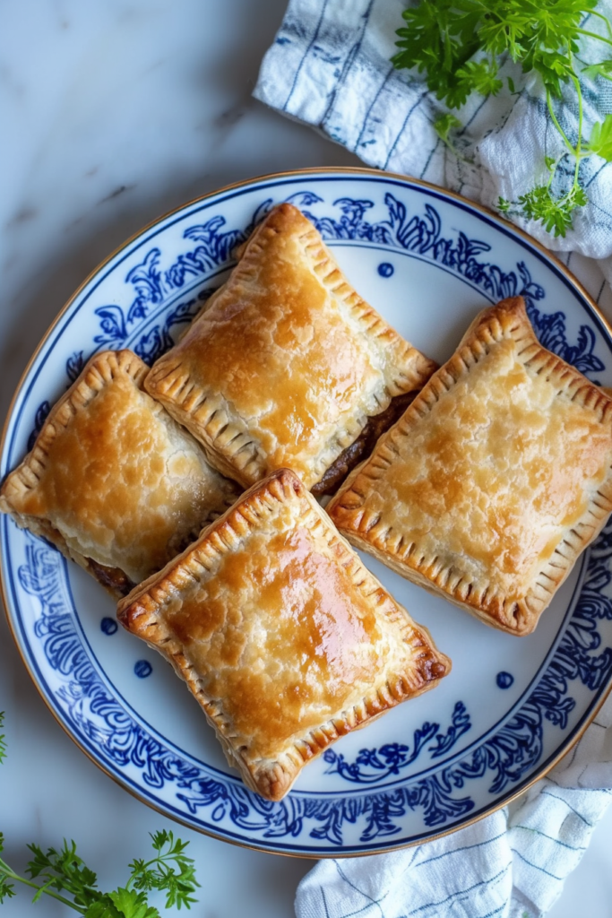 Golden, flaky hand pies filled with savory beef, peas, and carrots on a blue patterned plate.