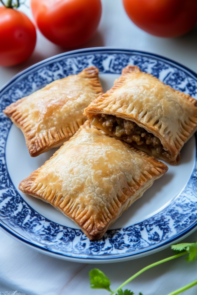 Baked pastry turnovers with hearty beef-and-vegetable filling on a blue and white plate.