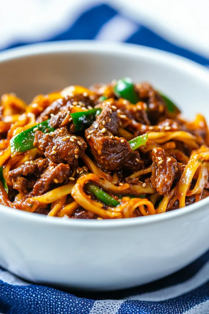 Bowl of glossy noodles topped with tender beef slices, sesame seeds, and green onions.