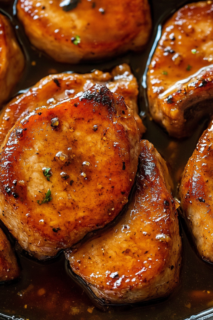 Maple Dijon pork chops cooked low and slow, shown as a hearty dinner dish.