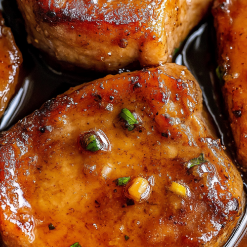 Close-up of juicy pork chops coated in a rich, caramelized sauce.