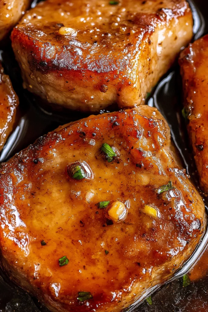 Close-up of juicy pork chops coated in a rich, caramelized sauce.