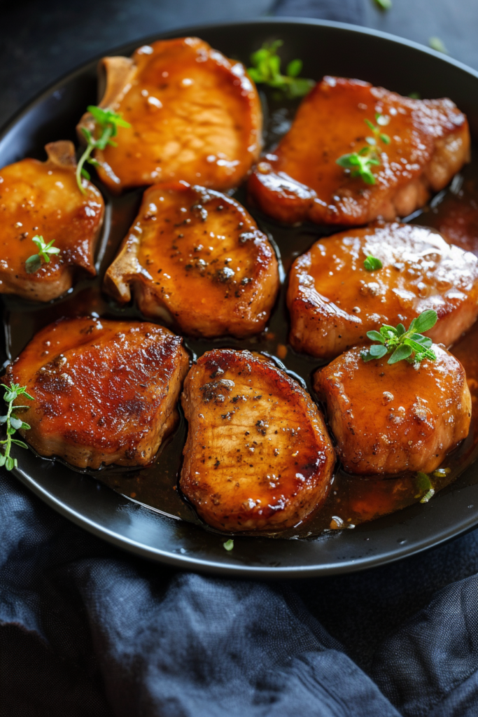 Slow-cooked pork chops simmered until golden and saucy, ready to serve.