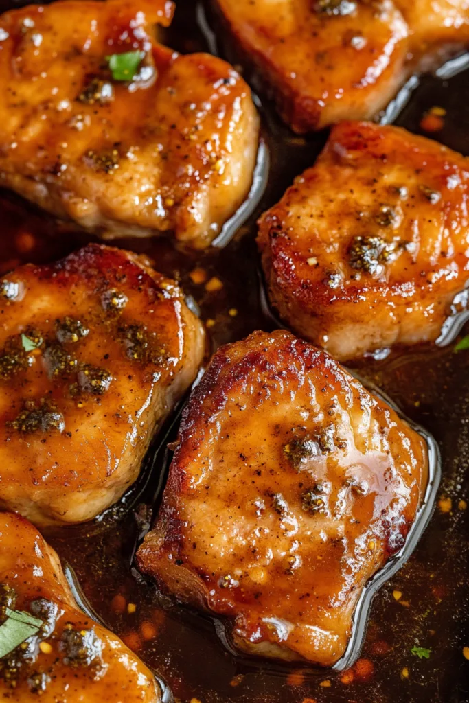 Finished pork chops with a thick, sweet-and-savory glaze pooling around them.