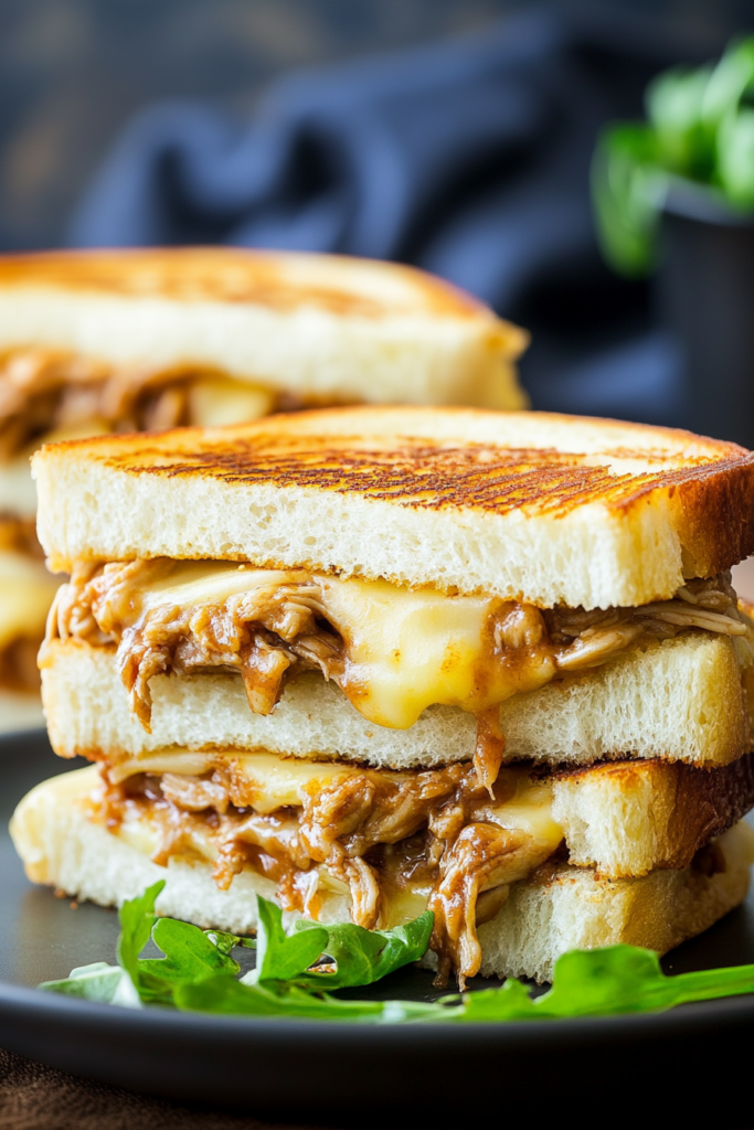 Golden toasted sandwich halves stacked on a dark plate, with melted cheese and saucy chicken spilling out.