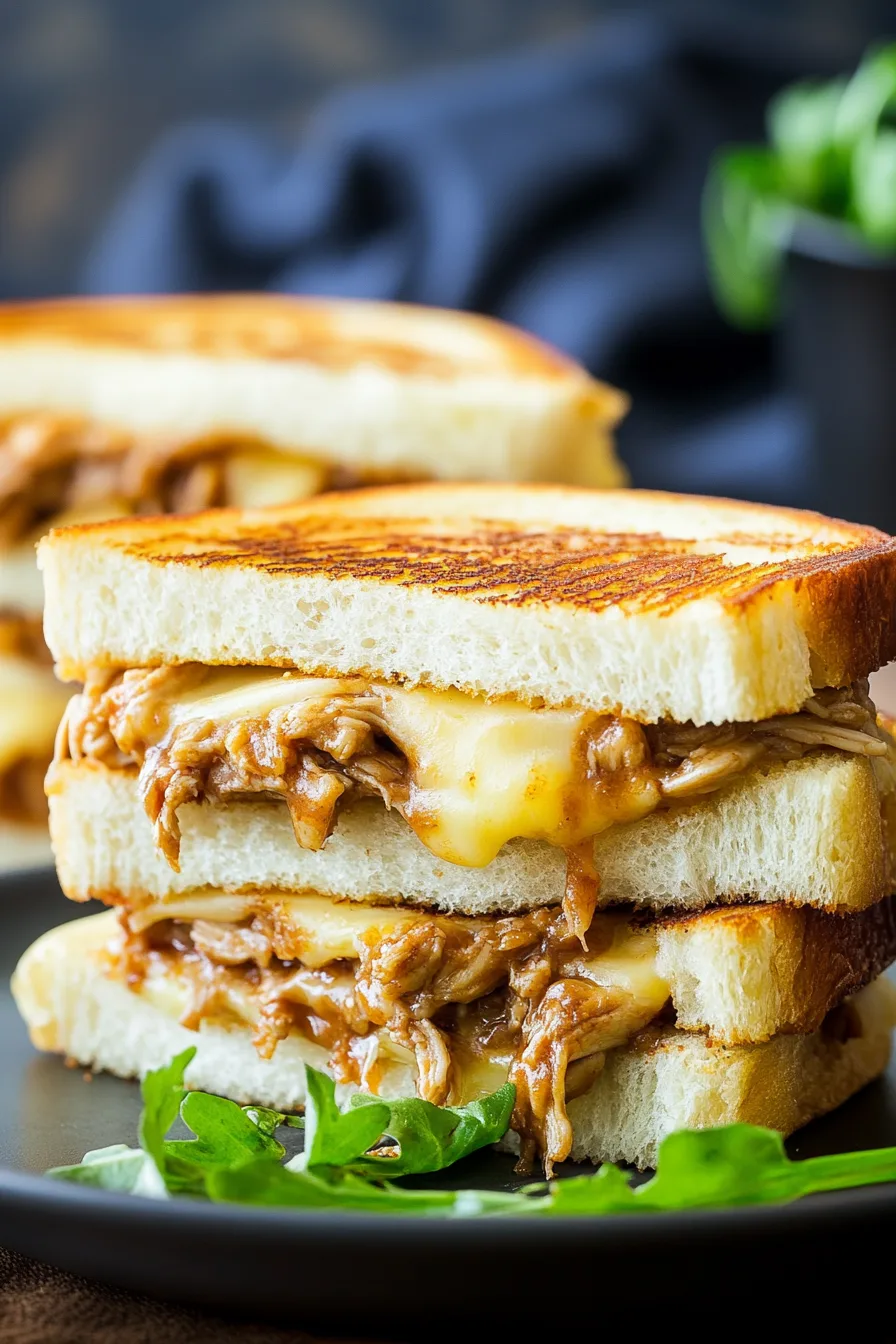 Golden toasted sandwich halves stacked on a dark plate, with melted cheese and saucy chicken spilling out.