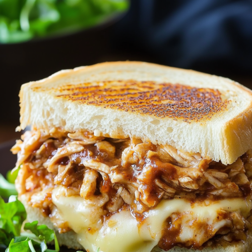 Close-up of gooey grilled cheese with smoky barbecue chicken filling, served with fresh arugula leaves.
