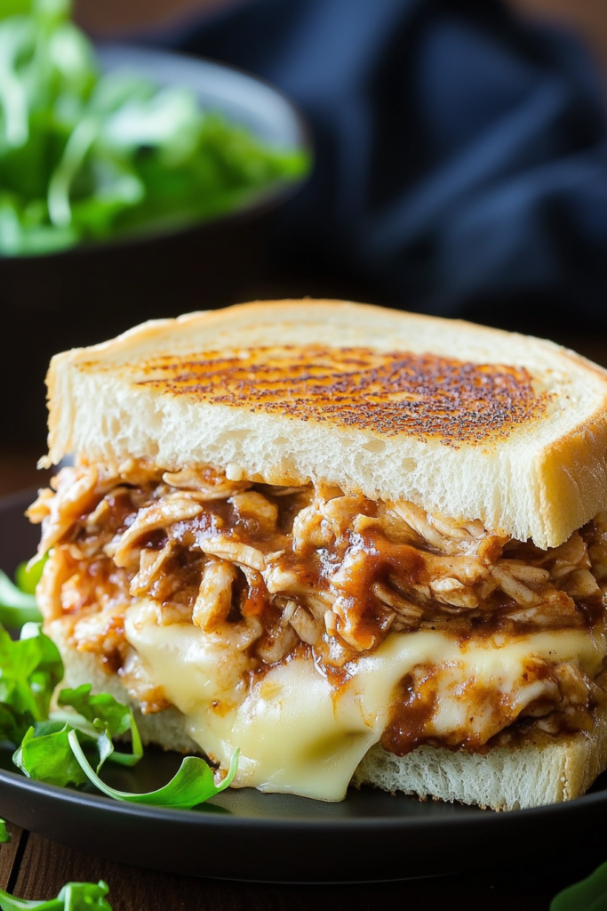Close-up of gooey grilled cheese with smoky barbecue chicken filling, served with fresh arugula leaves.